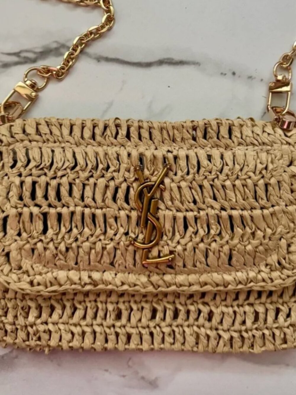 YSL Saint Laurent Beige Raffia mini bag with Gold Chain wristlet pouch - Picture 2 of 9